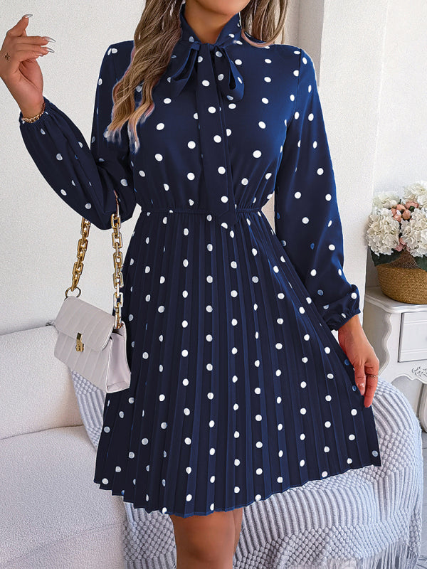 A-Line Dresses- Cocktail Polka Dot Pleated A-Line Stand Collar Bow Dress- - Pekosa Women Clothing