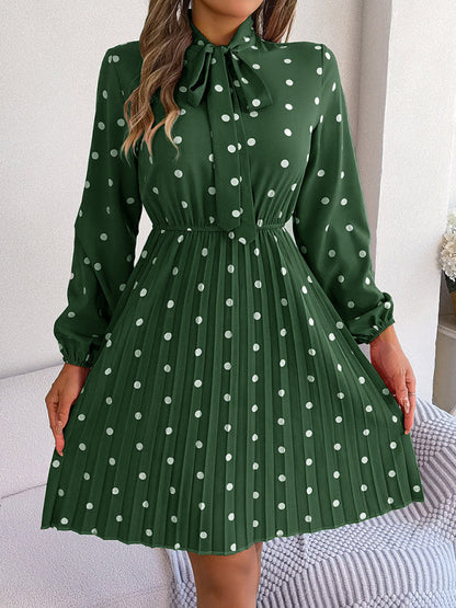 A-Line Dresses- Cocktail Polka Dot Pleated A-Line Stand Collar Bow Dress- - Pekosa Women Clothing