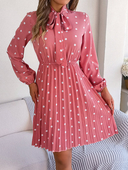 A-Line Dresses- Cocktail Polka Dot Pleated A-Line Stand Collar Bow Dress- Pink- Pekosa Women Clothing