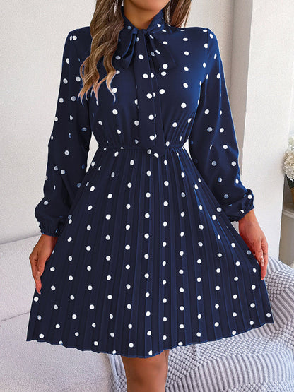 A-Line Dresses- Cocktail Polka Dot Pleated A-Line Stand Collar Bow Dress- Blue- Pekosa Women Clothing