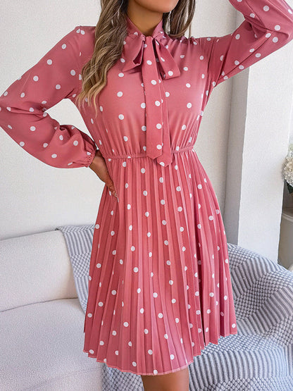 A-Line Dresses- Cocktail Polka Dot Pleated A-Line Stand Collar Bow Dress- - Pekosa Women Clothing