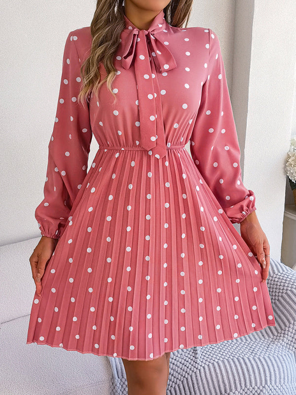 A-Line Dresses- Cocktail Polka Dot Pleated A-Line Stand Collar Bow Dress- - Pekosa Women Clothing