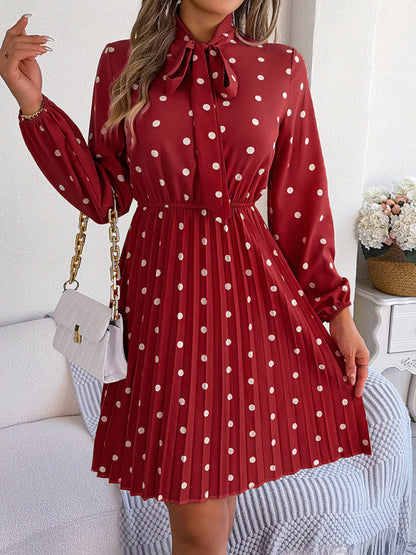 A-Line Dresses- Cocktail Polka Dot Pleated A-Line Stand Collar Bow Dress- - Pekosa Women Clothing