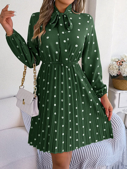 A-Line Dresses- Cocktail Polka Dot Pleated A-Line Stand Collar Bow Dress- - Pekosa Women Clothing