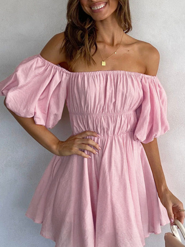 A-Line Dresses- Elastic Off Shoulder Balloon Sleeve Dress- Pink- Pekosa Women Clothing