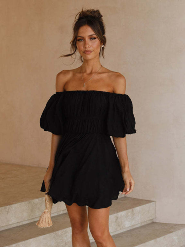 A-Line Dresses- Elastic Off Shoulder Balloon Sleeve Dress- - Pekosa Women Clothing