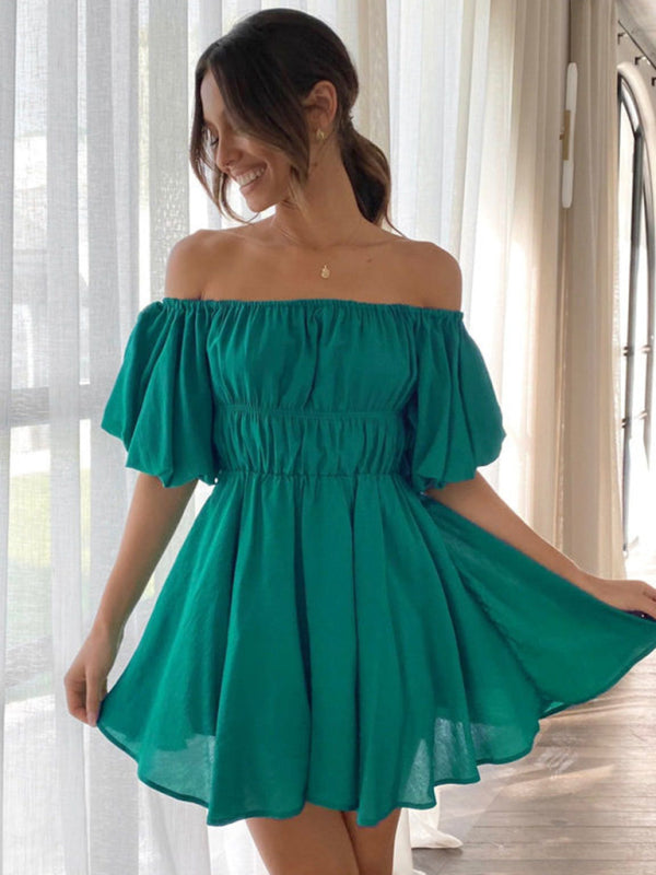 A-Line Dresses- Elastic Off Shoulder Balloon Sleeve Dress- Green- Pekosa Women Clothing