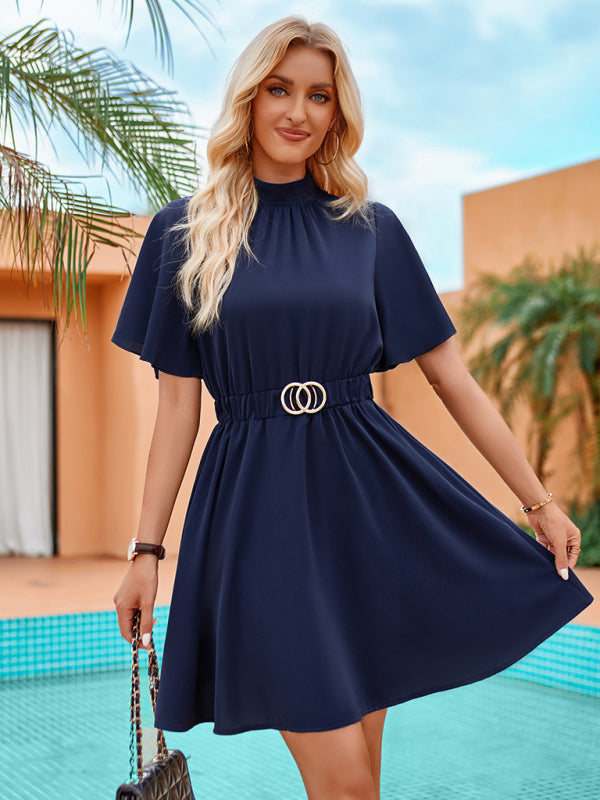 A-Line Dresses- Solid Belted A-Line Mini Dress with Stand Collar & Flared Sleeves- - Pekosa Women Clothing