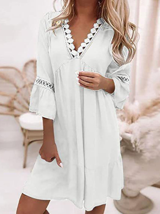 A-Line Flowy Dresses- Solid A-Line 3/4 Sleeve Flowy Dress with Lace Accents- White- Pekosa Women Clothing