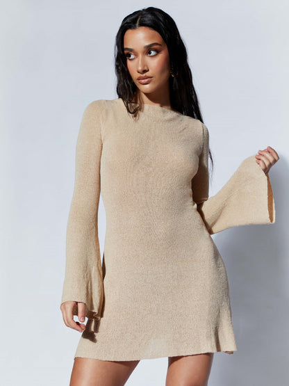 A-Line Mini Dresses- Backless Bell Sleeve Textured Mini Dress- Cracker khaki- Pekosa Women Clothing