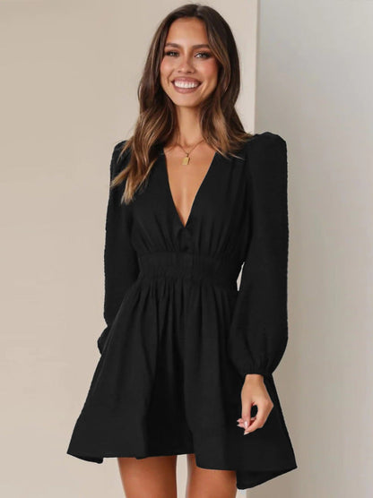 A-line Dresses- Elegant A-Line Plunge Dress with Elastic Waist- Black- Pekosa Women Clothing