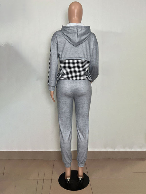 Active Set- Comfy Plaid Set: Hooded Pullover + Pockets Pants - Active Style- - Pekosa Women Clothing