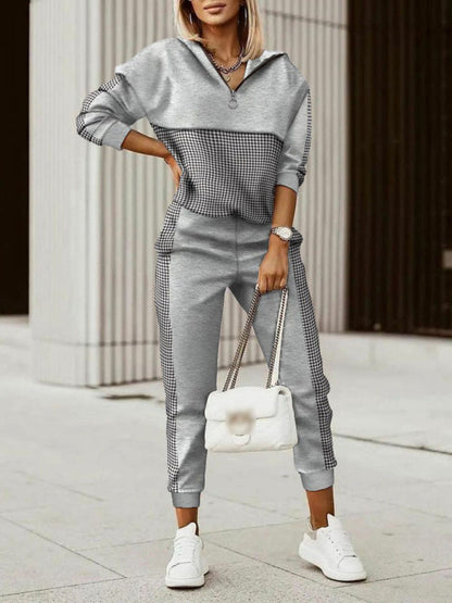 Active Set- Comfy Plaid Set: Hooded Pullover + Pockets Pants - Active Style- Grey- Pekosa Women Clothing