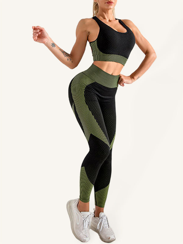 Activewear- 2 Piece Active Set: Top and Butt Lifting Leggings for Intense Workouts- Olive green- Pekosa Women Clothing