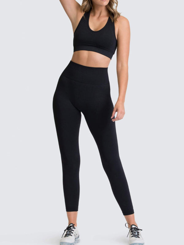 Activewear- Fashion Workout Butt Lifting Leggings & Active Crop Top Set- Black- Pekosa Women Clothing