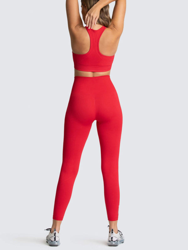 Activewear- Fashion Workout Butt Lifting Leggings & Active Crop Top Set- Red- Pekosa Women Clothing