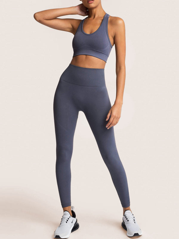 Activewear- Fashion Workout Butt Lifting Leggings & Active Crop Top Set- Charcoal grey- Pekosa Women Clothing