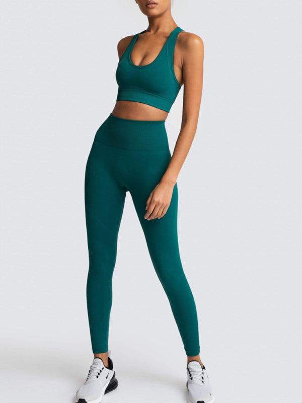 Activewear- Fashion Workout Butt Lifting Leggings & Active Crop Top Set- Green black jasper- Pekosa Women Clothing