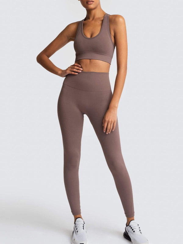 Activewear- Fashion Workout Butt Lifting Leggings & Active Crop Top Set- Coffee- Pekosa Women Clothing