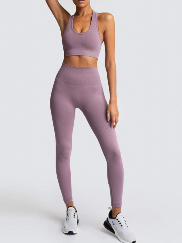 Activewear- Fashion Workout Butt Lifting Leggings & Active Crop Top Set- Dark purple- Pekosa Women Clothing