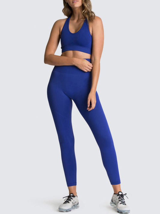 Activewear- Fashion Workout Butt Lifting Leggings & Active Crop Top Set- Navy blue- Pekosa Women Clothing