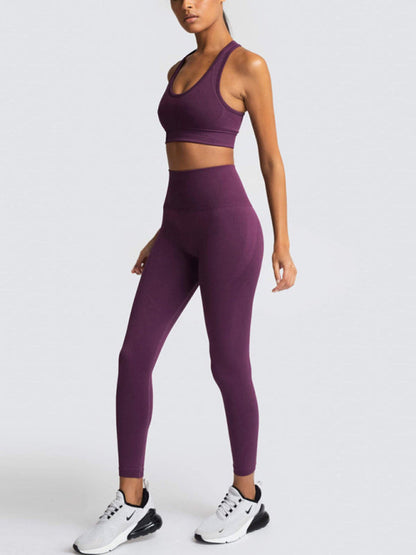 Activewear- Fashion Workout Butt Lifting Leggings & Active Crop Top Set- Purplish red- Pekosa Women Clothing