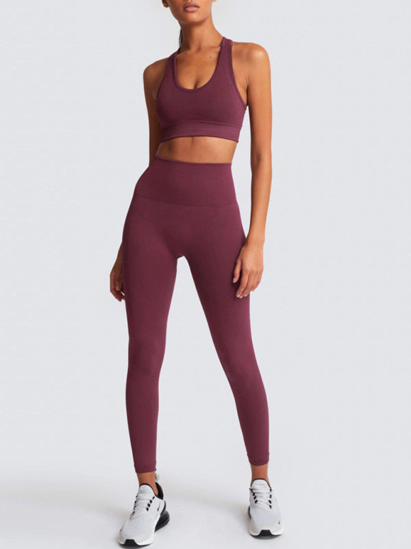 Activewear- Fashion Workout Butt Lifting Leggings & Active Crop Top Set- Wine Red- Pekosa Women Clothing