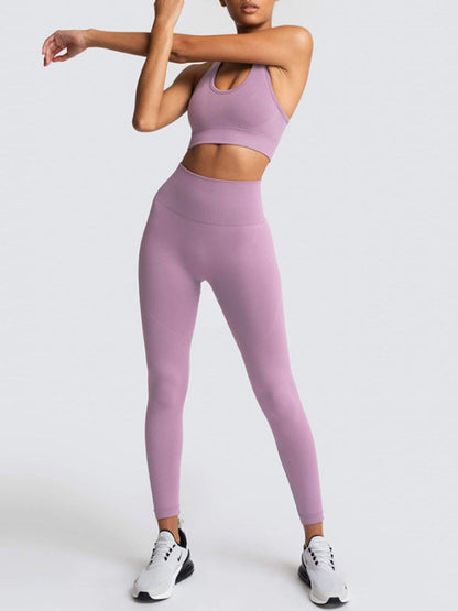 Activewear- Fashion Workout Butt Lifting Leggings & Active Crop Top Set- Fuchsia- Pekosa Women Clothing