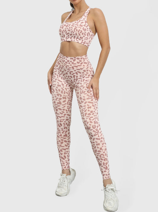 Activewear- Gym Yoga Set: Leopard Print Tank Top + Scrunch Butt Lifting Leggings- Khaki- Pekosa Women Clothing