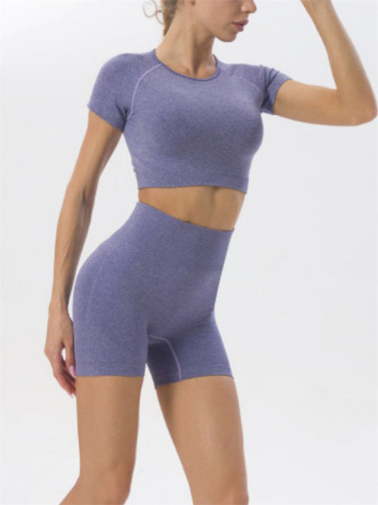 Activewear- Sculpt Your Body with our Seamless Butt Lifting Shorts + Crop Top Set- Blue grey- Pekosa Women Clothing