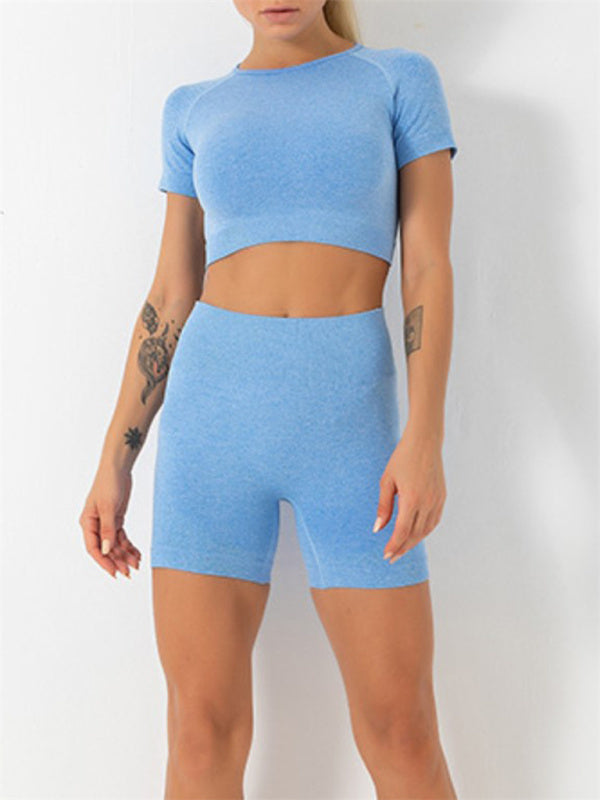 Activewear- Sculpt Your Body with our Seamless Butt Lifting Shorts + Crop Top Set- Blue- Pekosa Women Clothing