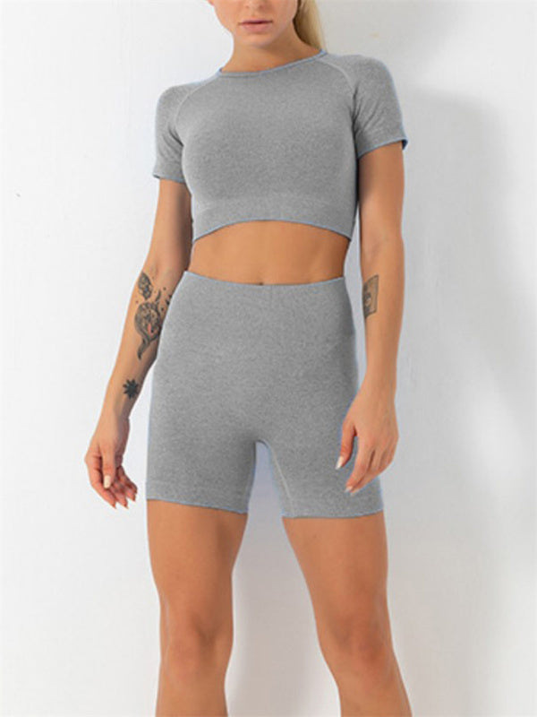 Activewear- Sculpt Your Body with our Seamless Butt Lifting Shorts + Crop Top Set- Grey- Pekosa Women Clothing