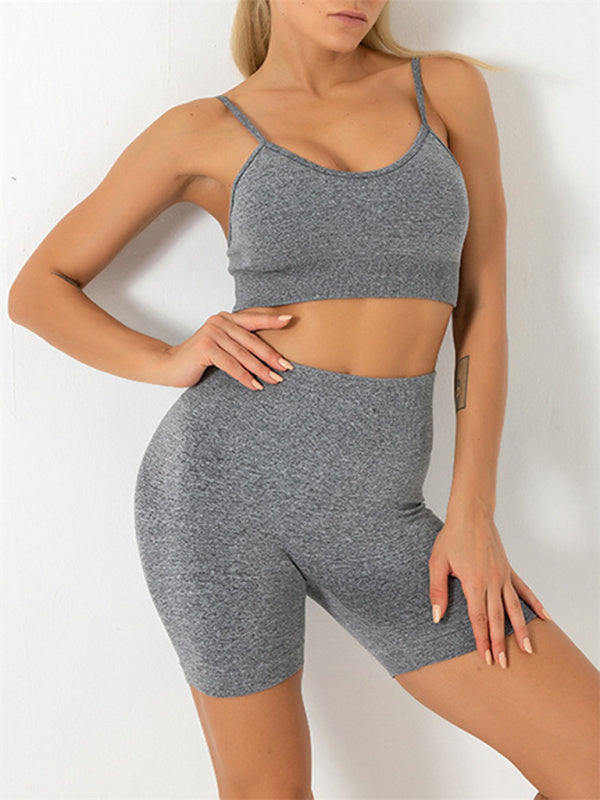 Activewear- Women's Activewear: Butt Lifting Shorts & Active Cami Crop Top Set- Grey- Pekosa Women Clothing