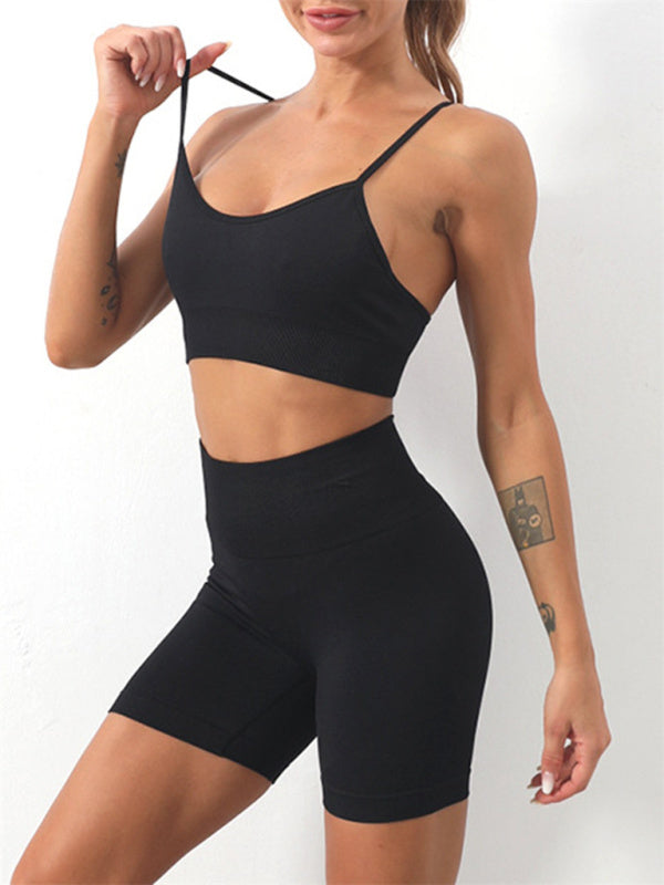 Activewear- Women's Activewear: Butt Lifting Shorts & Active Cami Crop Top Set- Black- Pekosa Women Clothing