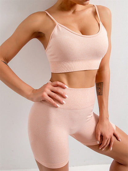 Activewear- Women's Activewear: Butt Lifting Shorts & Active Cami Crop Top Set- Pink- Pekosa Women Clothing