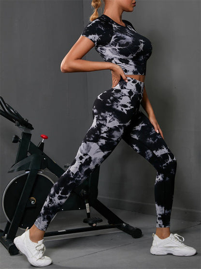 Activewear- Workout Essential: Tie-Dye 2 Piece: Crop Tee + Butt Lifting Leggings- - Pekosa Women Clothing