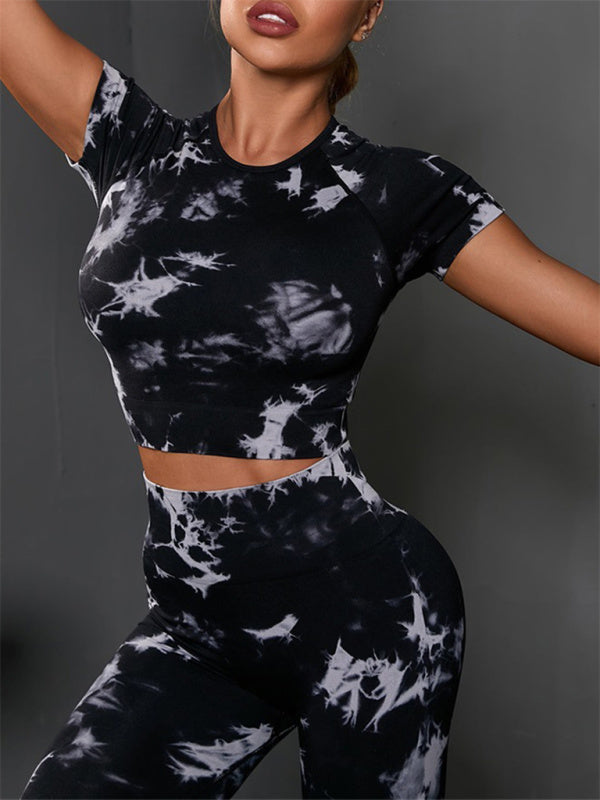 Activewear- Workout Essential: Tie-Dye 2 Piece: Crop Tee + Butt Lifting Leggings- Black- Pekosa Women Clothing