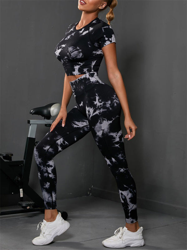 Activewear- Workout Essential: Tie-Dye 2 Piece: Crop Tee + Butt Lifting Leggings- - Pekosa Women Clothing