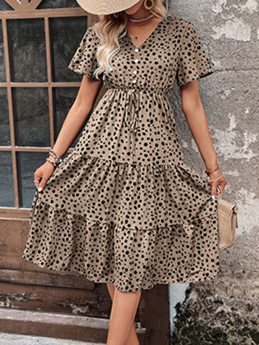 Animal Print Dresses- Animal Print Tiered Midi Dress with Tie Waist & Short Sleeves- Khaki- Pekosa Women Clothing