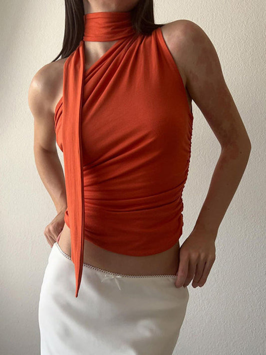 Asymmertic Top- One Shoulder Top - Asymmetric Blouse + Scarf- Orange- Pekosa Women Clothing
