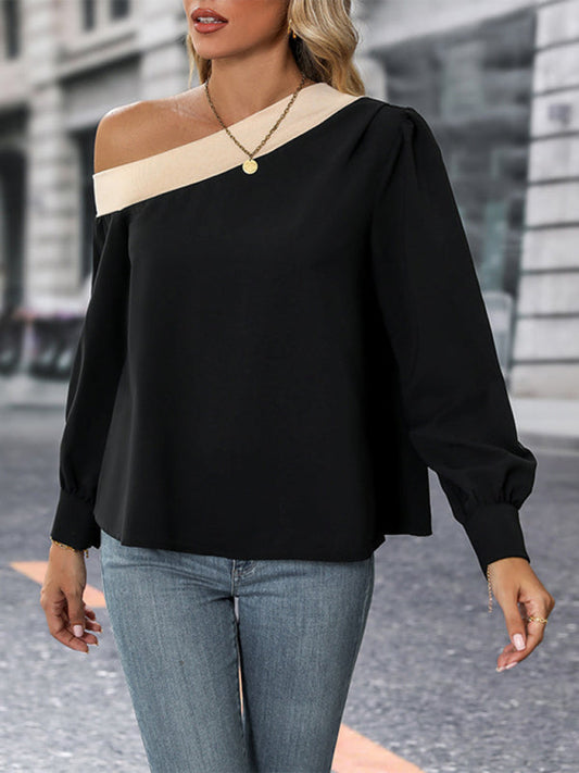 Asymmetrical Tops- One-Shoulder Oversized Blouse- Black- Pekosa Women Clothing