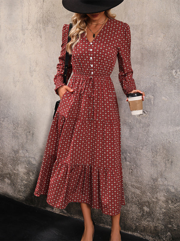 Autumn Dresses- Casual Autumn Midi Dress with Gathered Waist- - Pekosa Women Clothing