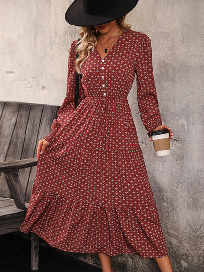 Autumn Dresses- Casual Autumn Midi Dress with Gathered Waist- - Pekosa Women Clothing