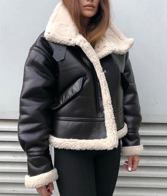 Aviator Jackets- Aviator Jacket - Contrast Borg, Faux Fur and Leather Winter Bomber- Black- Pekosa Women Clothing