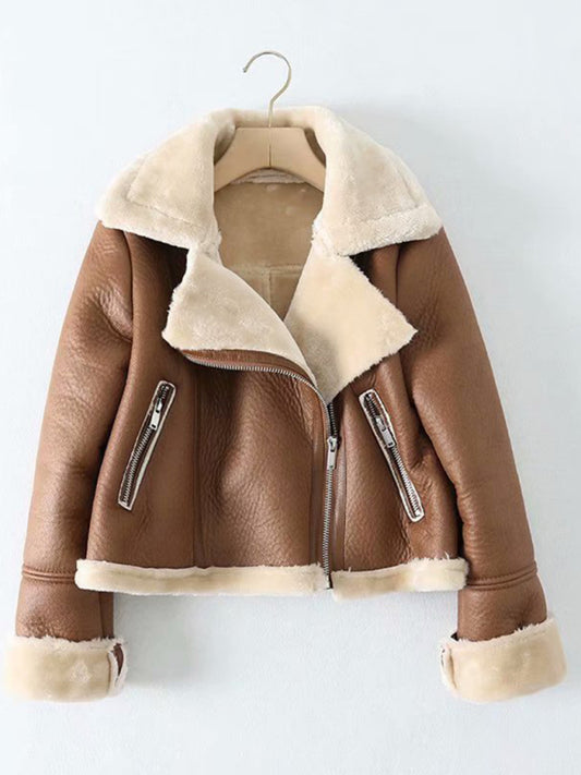 Aviator Jackets- Faux Leather Fur Lined Winter Flight Jacket- Brown- Pekosa Women Clothing