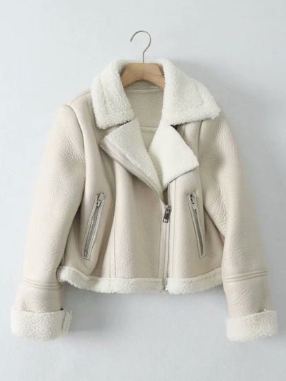 Aviator Jackets- Faux Leather Fur Lined Winter Flight Jacket- Cream- Pekosa Women Clothing