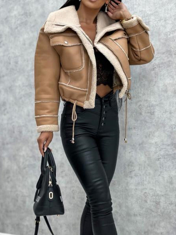 Aviator Jackets- Faux Leather Teddy Bear Bomber Jacket- - Pekosa Women Clothing