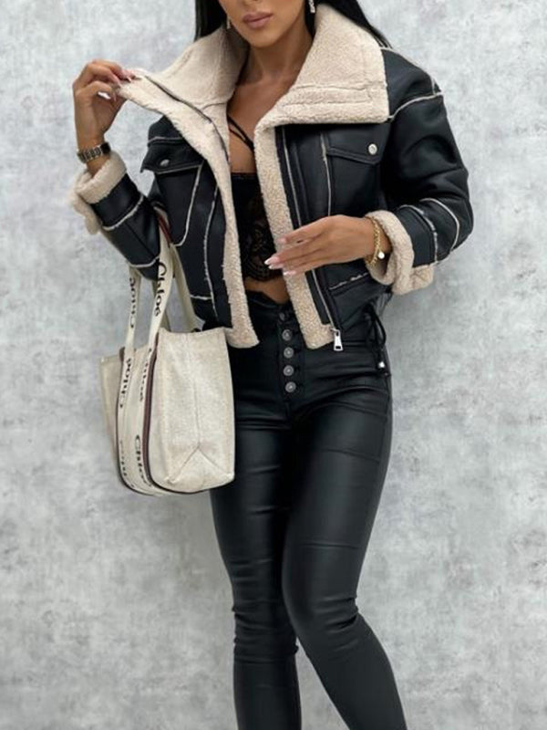 Aviator Jackets- Faux Leather Teddy Bear Bomber Jacket- - Pekosa Women Clothing