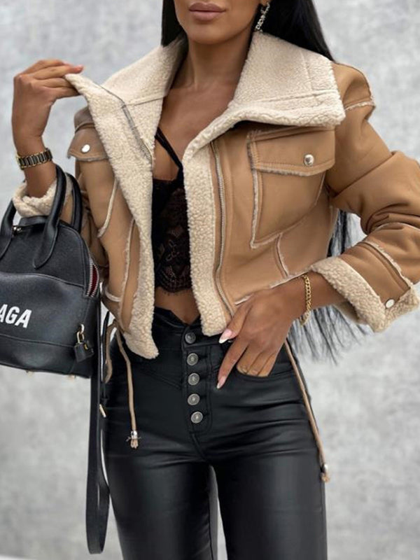 Aviator Jackets- Faux Leather Teddy Bear Bomber Jacket- Khaki- Pekosa Women Clothing