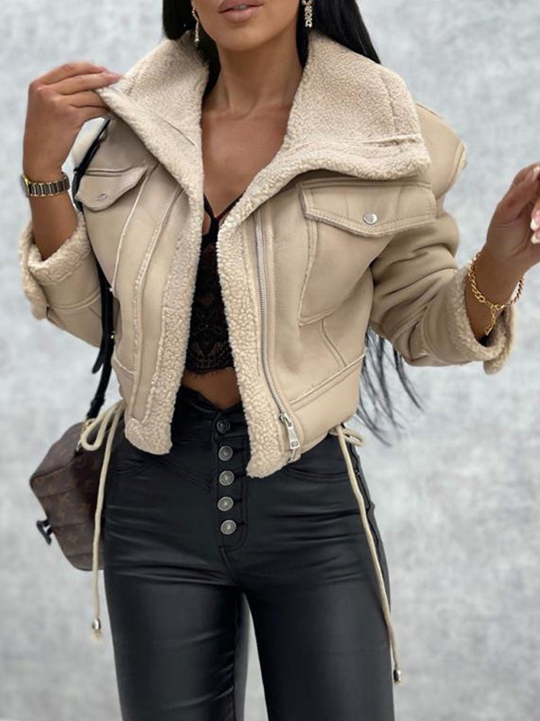 Aviator Jackets- Faux Leather Teddy Bear Bomber Jacket- - Pekosa Women Clothing